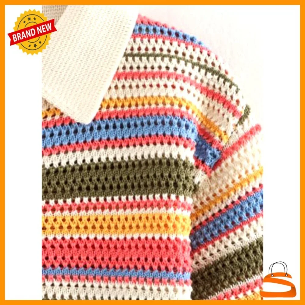 Cropped Polo Sweater Striped Button-Up Knit Top Short Sleeve - Picture 5 of 7